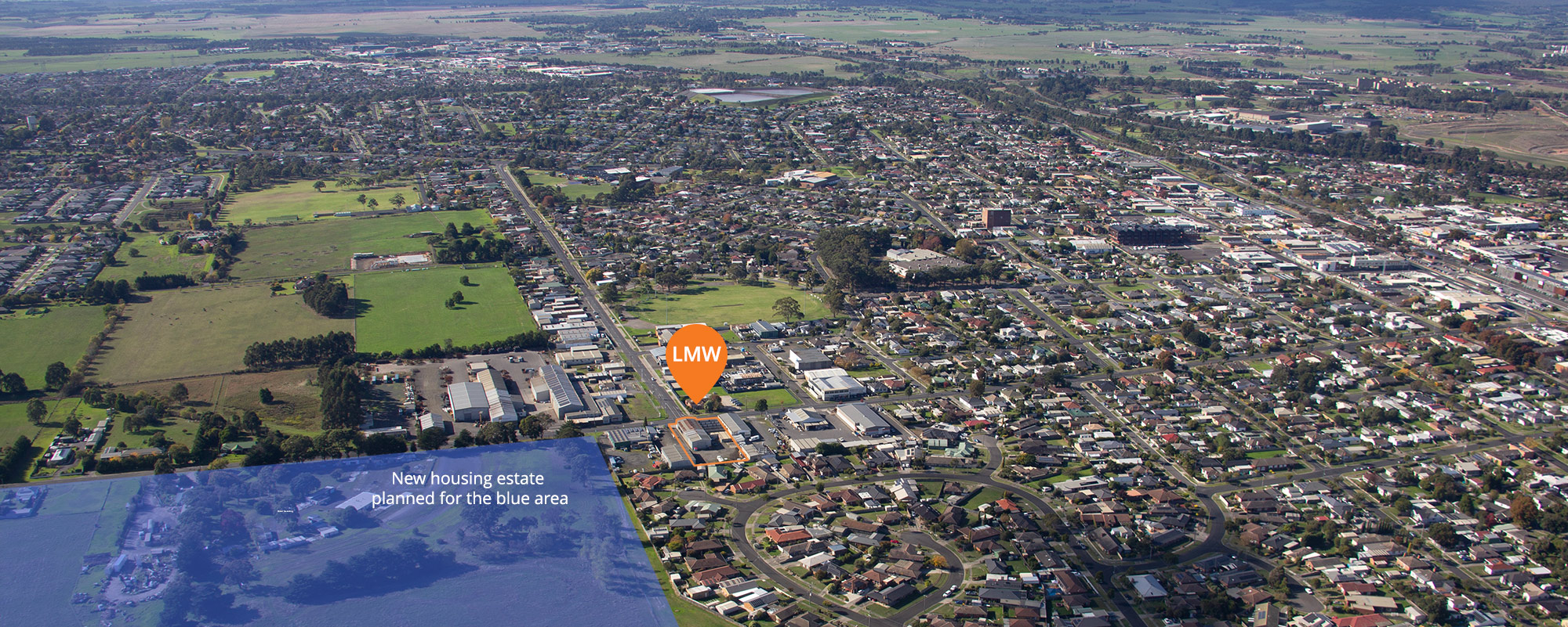 Aerial photo of Morwell town with marker to highlight the location of Liveseys Motor Works