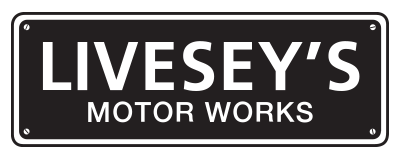 Black and white logo for Liveseys Motor Works that looks like a number-plate